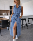 Mia - Denim Jurk Maxi met Tailleceintuur en Knopen