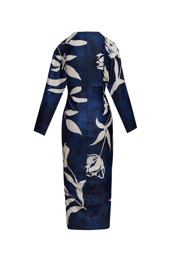 Unieke Print Dolman Lange Mouwen Rimpel Split Midi Jurk