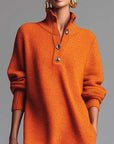 Oranje Colbert Knopen-Voorkant Gebreide Midi Jurk