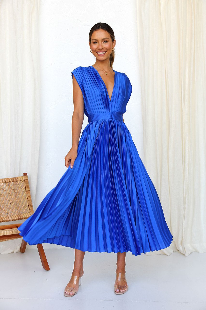 Elegante Satijnen Geplooide V-hals Vloeiende Midi Jurk