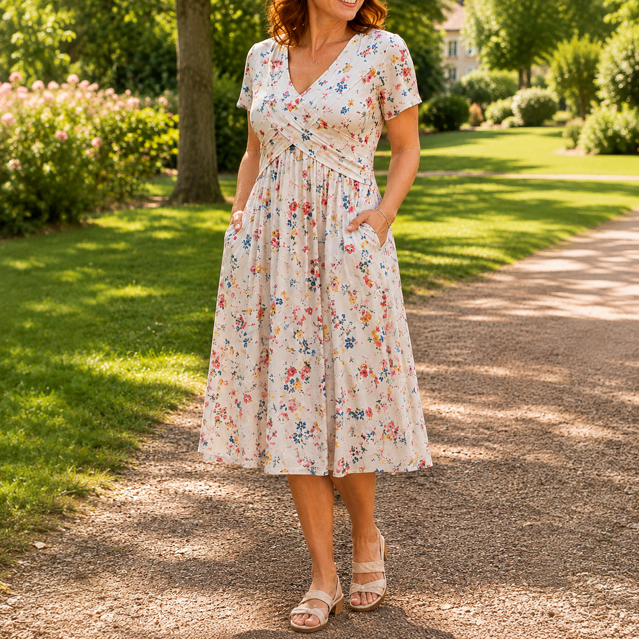 Dionne - Damesjurk met V-hals, bloemenprint en gedraaide taille