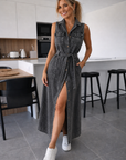 Mia - Denim Jurk Maxi met Tailleceintuur en Knopen