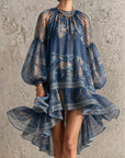 Vintage elegante gedrukte lange mouw losse mini jurk
