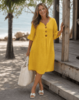 Comros | Knopdetail Rimpel Mouw Relaxed Midi Jurk