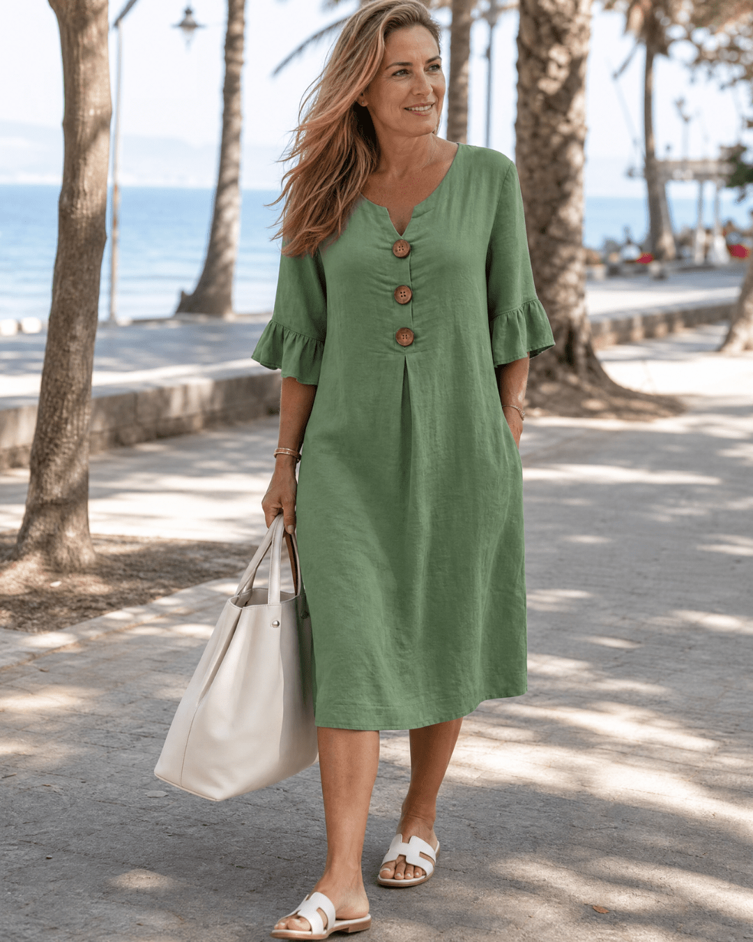 Comros | Knopdetail Rimpel Mouw Relaxed Midi Jurk