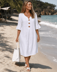 Comros | Knopdetail Rimpel Mouw Relaxed Midi Jurk