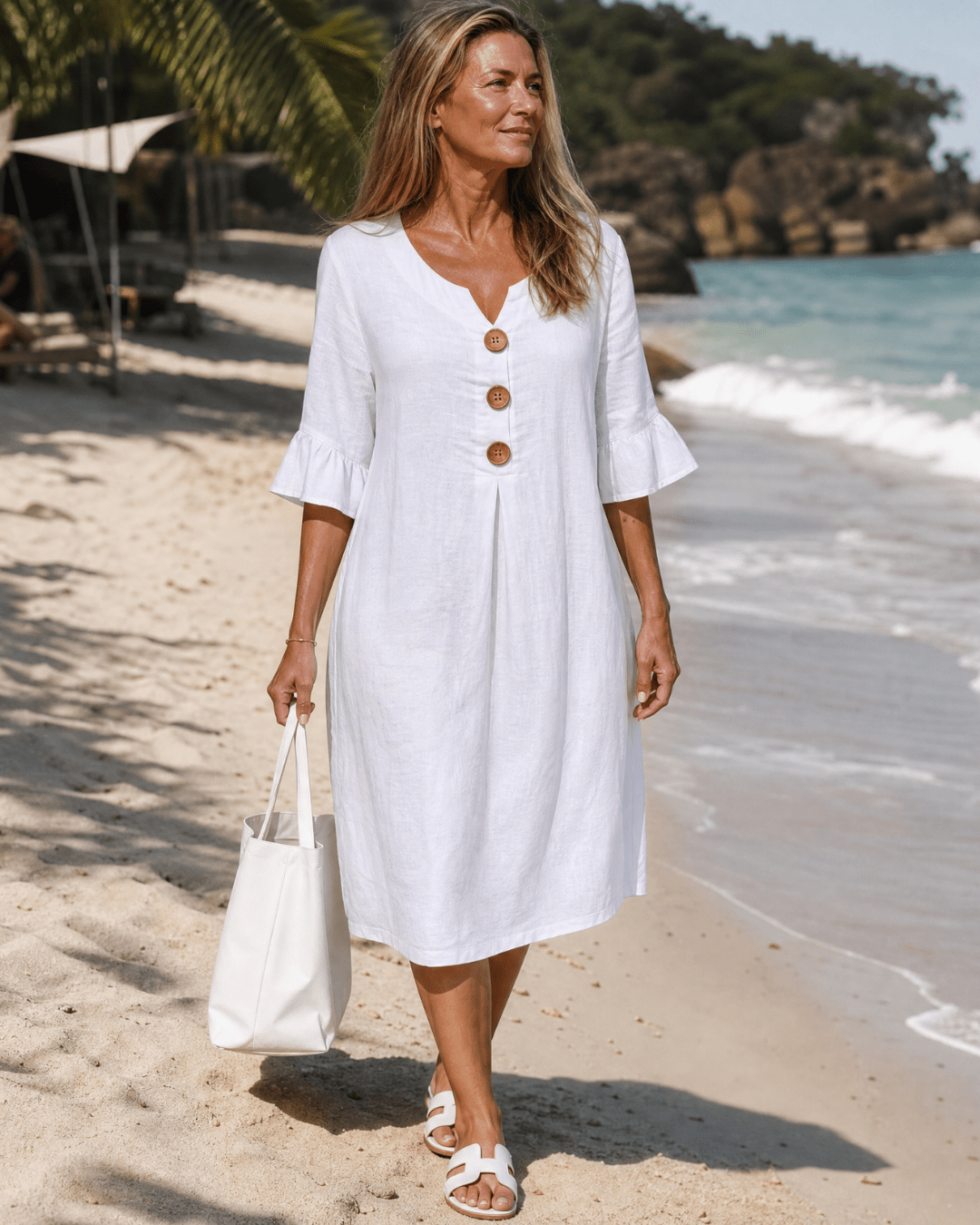 Comros | Knopdetail Rimpel Mouw Relaxed Midi Jurk