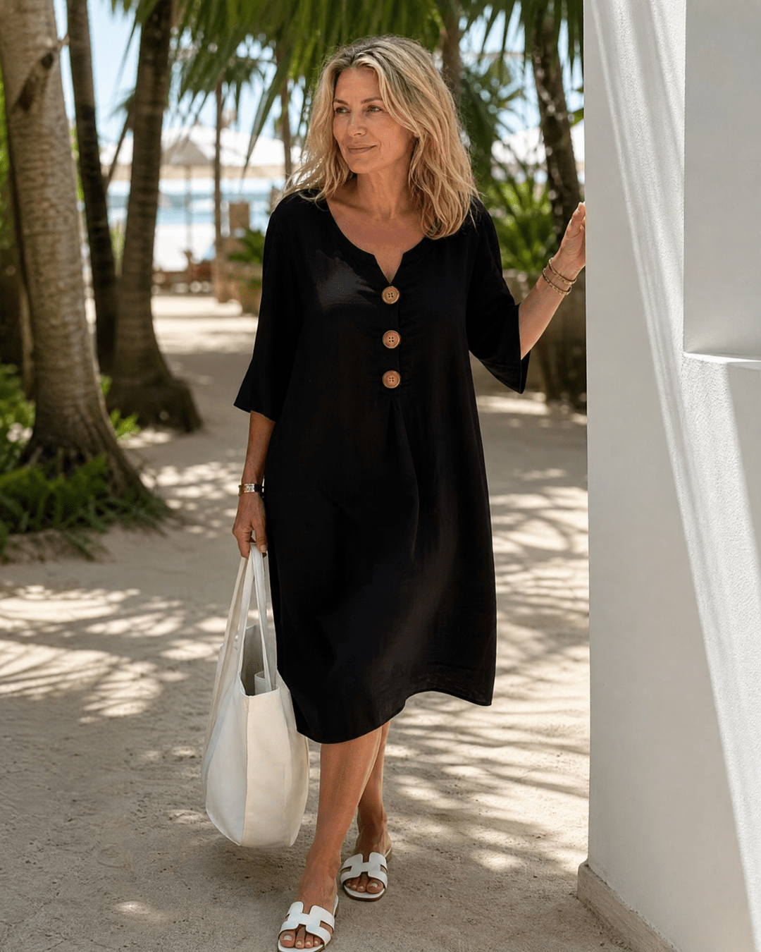 Comros | Knopdetail Rimpel Mouw Relaxed Midi Jurk