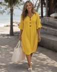 Comros | Knopdetail Rimpel Mouw Relaxed Midi Jurk