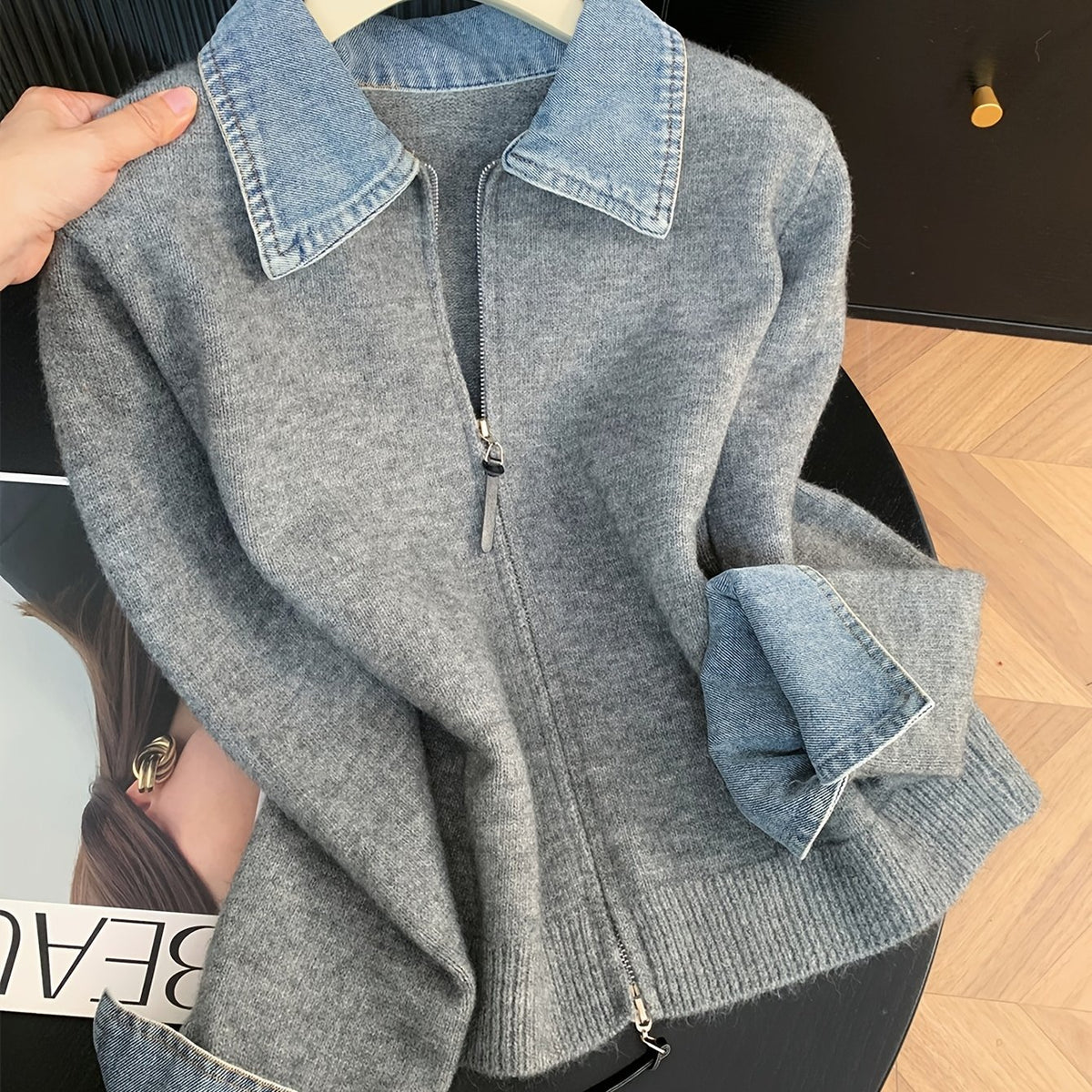 Hella | Gebreid Vest met Denim Kraag &amp; Rits
