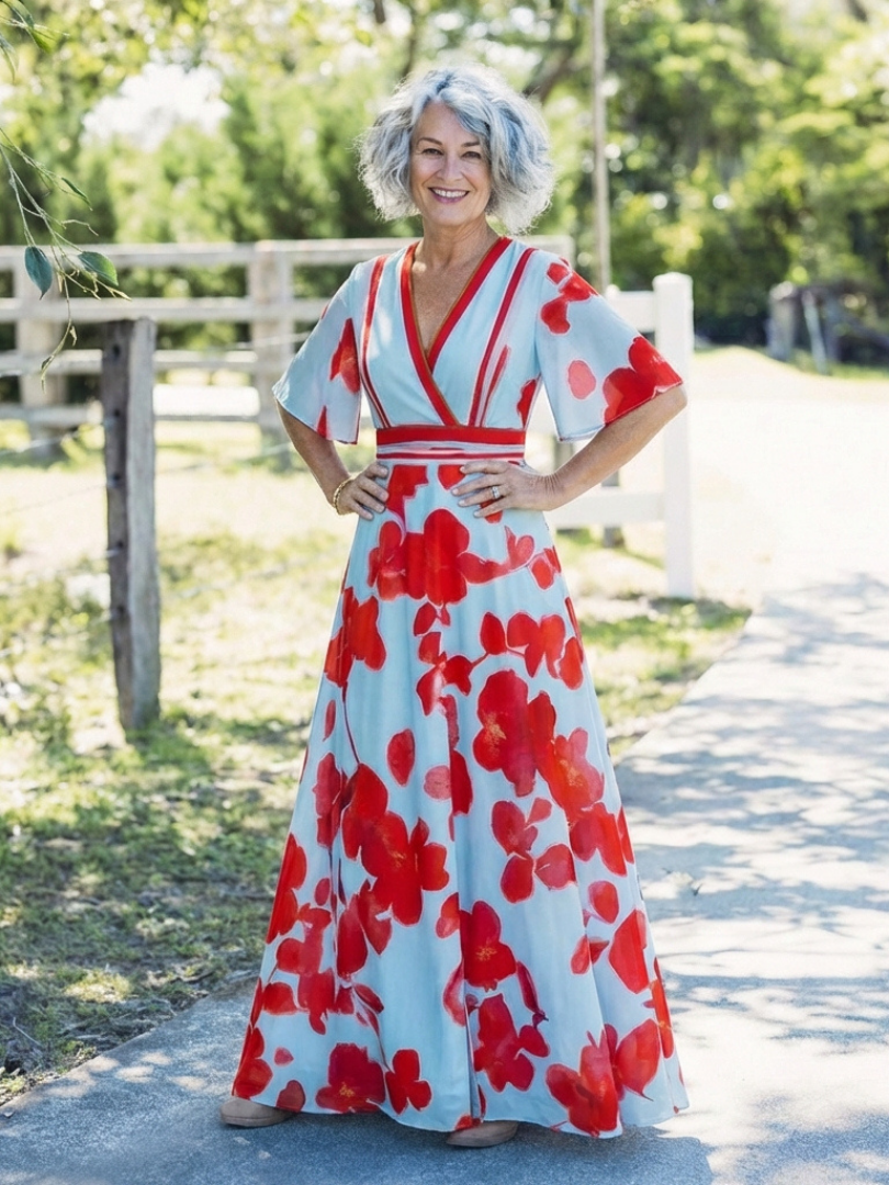 Corinne | Bloemenjurk met korte mouwen en V-hals