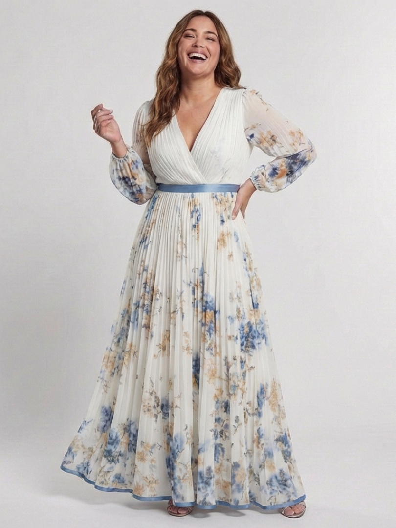 Lavinia | Maxi jurk met lange mouwen en V-hals met bloemenpatroon