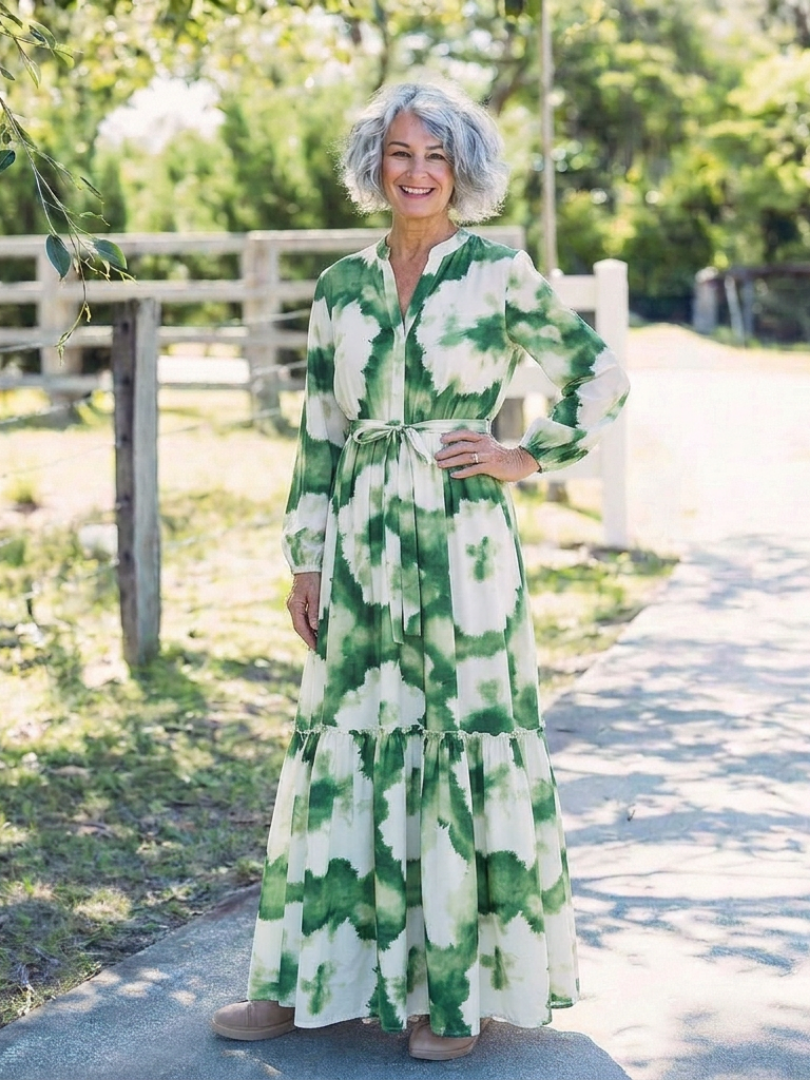 Sabine | Maxijurk met lange mouwen en strik in de taille