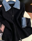 Hella | Gebreid Vest met Denim Kraag & Rits