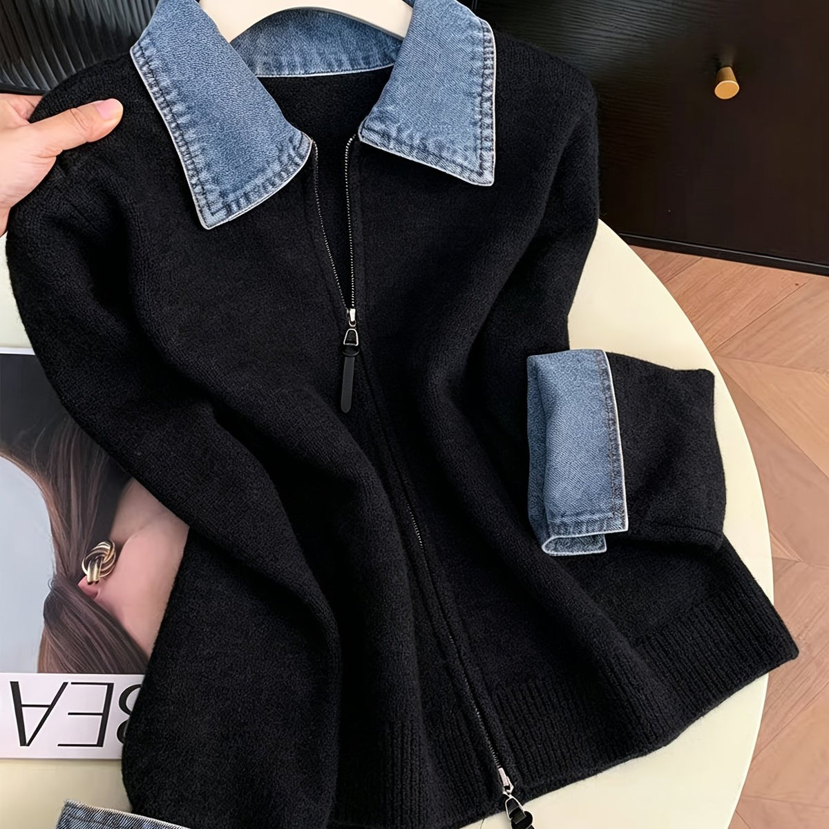 Hella | Gebreid Vest met Denim Kraag &amp; Rits