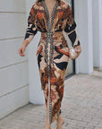 Unieke Print Dolman Lange Mouwen Rimpel Split Midi Jurk