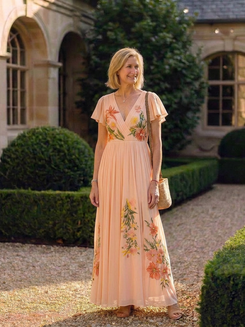 Calista | Maxi Jurk met V-hals en Korte Mouwen
