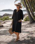 Elixir | Textured V Neck Drie Kwart Mouw Knie Lengte Jurk
