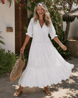 Elkaline | Eyelet Lace Tiered V-hals Midi-jurk