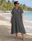 Eupherene | Textured V Neck Relaxed Short Sleeve Midi Dress
