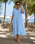 Eupherene | Textured V Neck Relaxed Short Sleeve Midi Dress