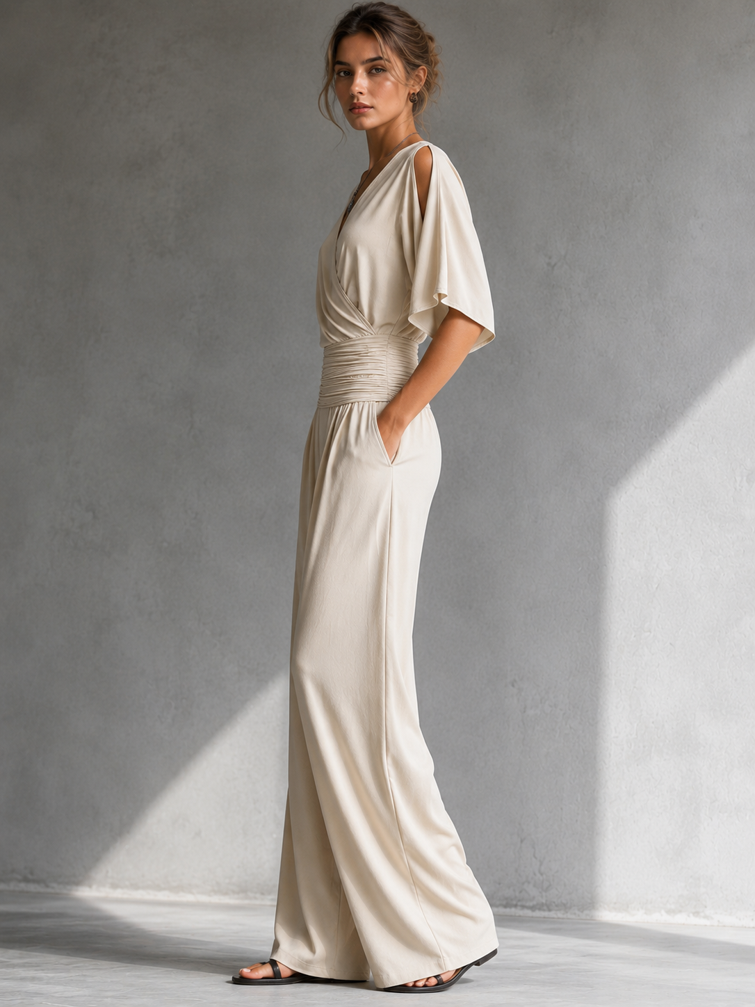 Feline | Elegante beige overslag jumpsuit