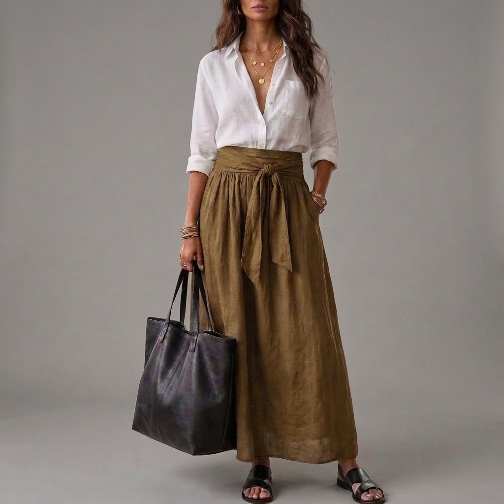 Janna - Twee-delig Set: Zwarte Top en Olijfgroene Midi Rok