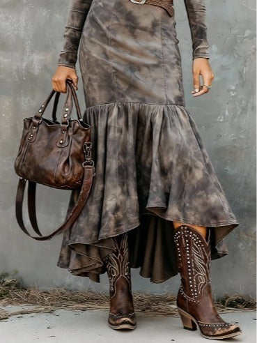 Vintage Polyester Flare Hem Midi Dress (Inclusief riem)