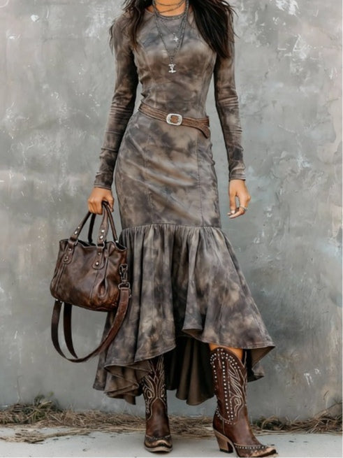 Vintage Polyester Flare Hem Midi Dress (Inclusief riem)