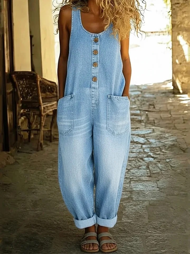 Valentina - Vintage gewassen katoenen denim salopette
