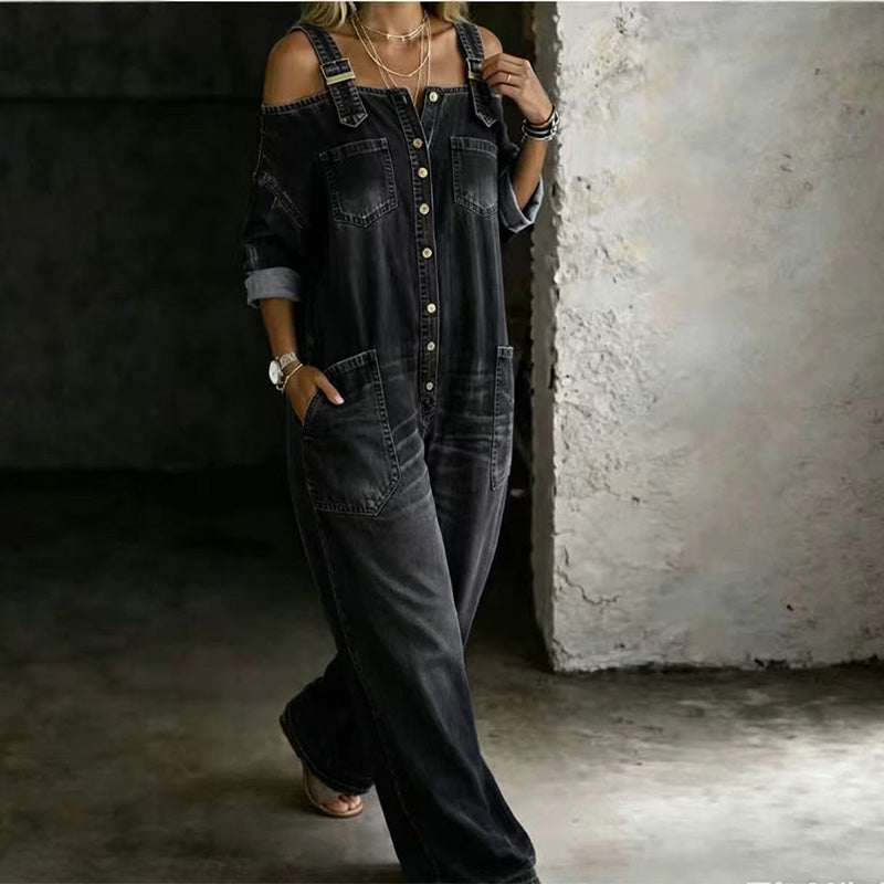 Nathalie - Jumpsuit met open schouders, wijde pijpen en zakken