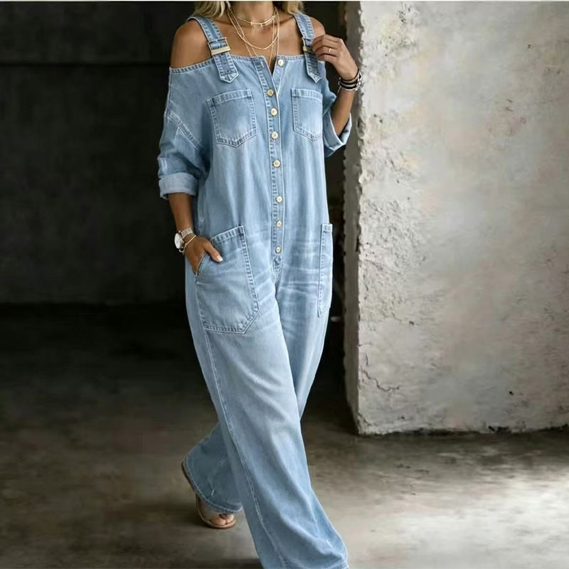 Nathalie - Jumpsuit met open schouders, wijde pijpen en zakken
