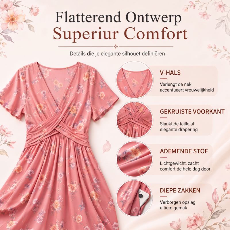 Dionne - Damesjurk met V-hals, bloemenprint en gedraaide taille