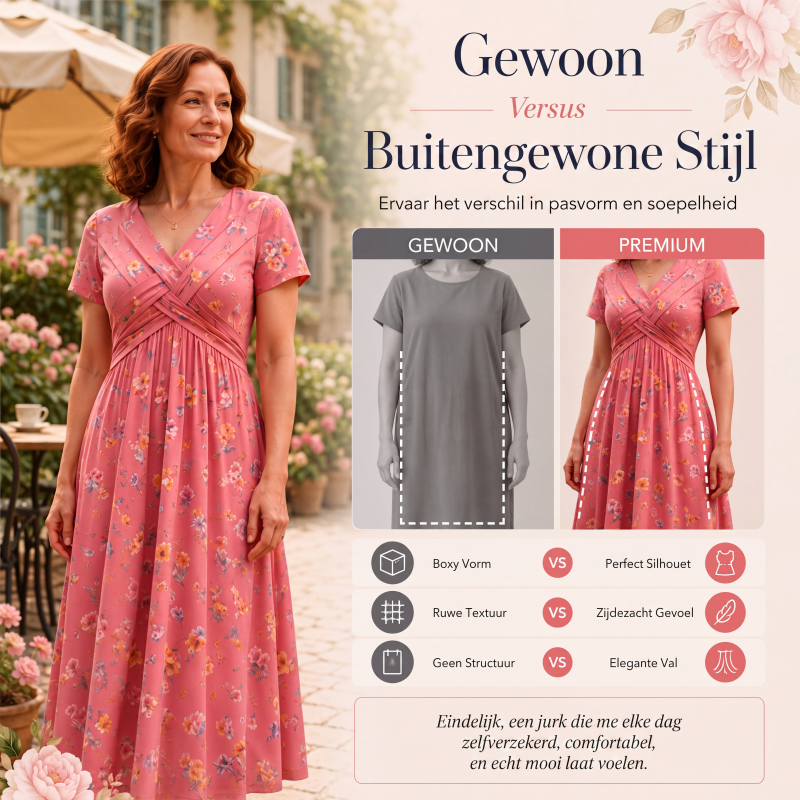 Dionne - Damesjurk met V-hals, bloemenprint en gedraaide taille
