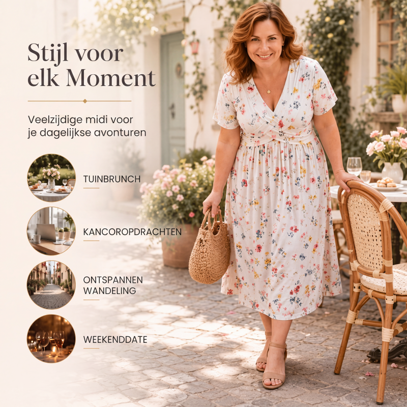 Dionne - Damesjurk met V-hals, bloemenprint en gedraaide taille