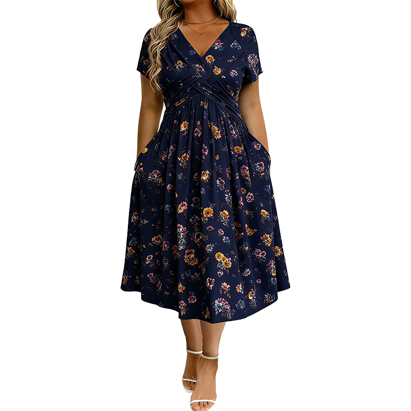 Dionne - Damesjurk met V-hals, bloemenprint en gedraaide taille
