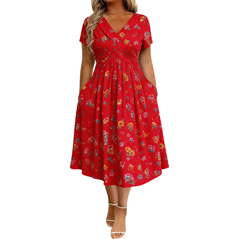 Dionne - Damesjurk met V-hals, bloemenprint en gedraaide taille