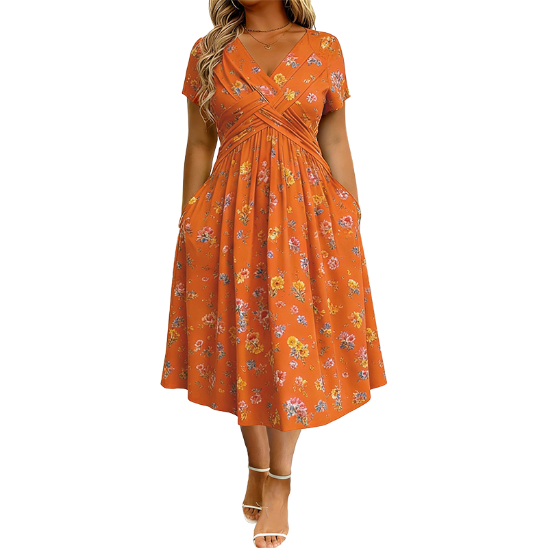 Dionne - Damesjurk met V-hals, bloemenprint en gedraaide taille