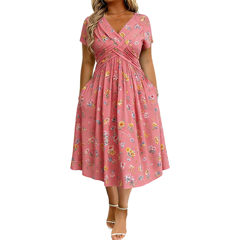 Dionne - Damesjurk met V-hals, bloemenprint en gedraaide taille