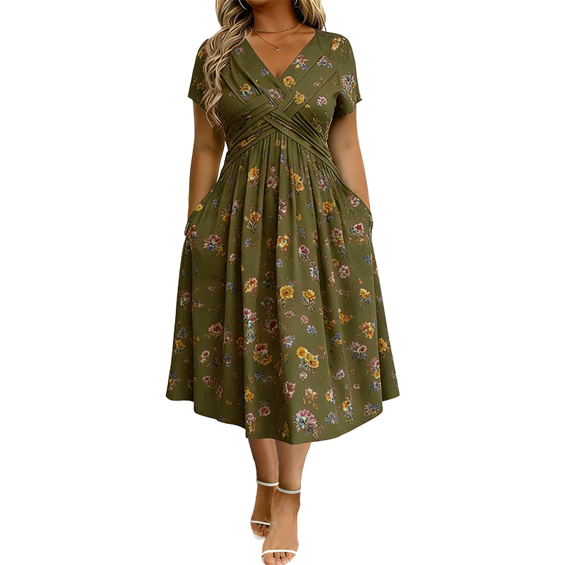 Dionne - Damesjurk met V-hals, bloemenprint en gedraaide taille