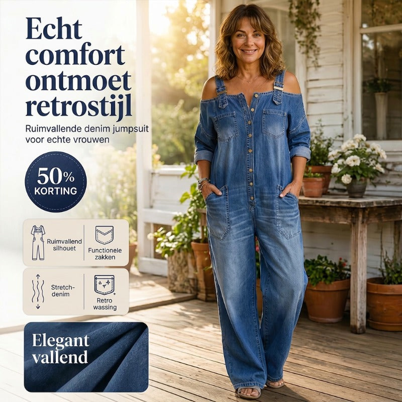 Nathalie - Jumpsuit met open schouders, wijde pijpen en zakken