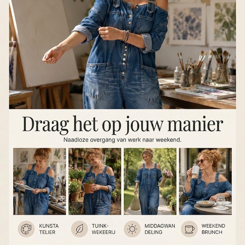 Nathalie - Jumpsuit met open schouders, wijde pijpen en zakken