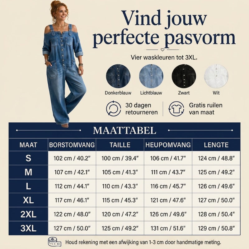 Nathalie - Jumpsuit met open schouders, wijde pijpen en zakken