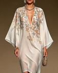 Beige Bloemenprint Chiffon Kaftan Jurk Diepe V-Hals Batwing Mouwen Asymmetrische Zoom Vloeiende Midi Jurk