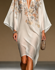 Beige Bloemenprint Chiffon Kaftan Jurk Diepe V-Hals Batwing Mouwen Asymmetrische Zoom Vloeiende Midi Jurk