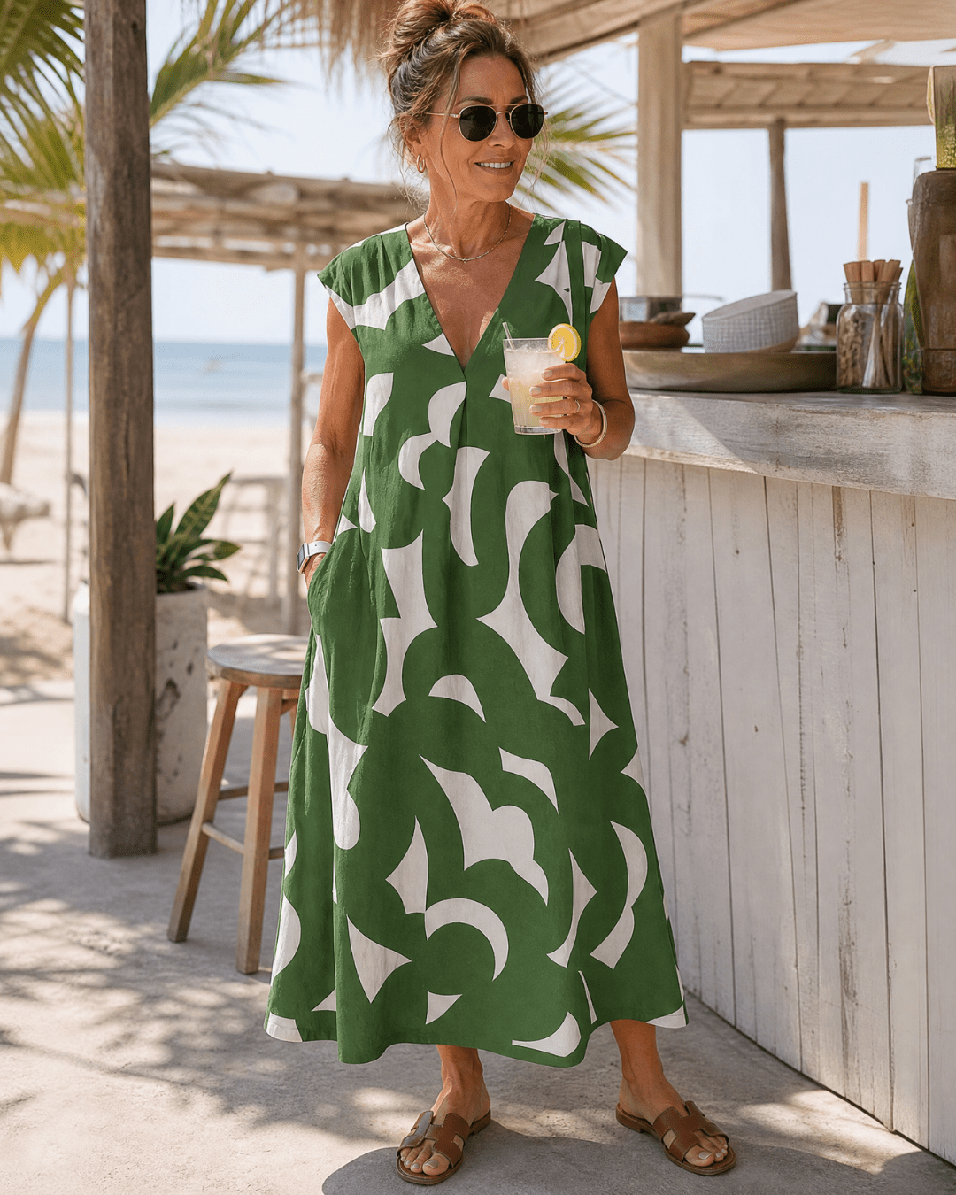 Verain | Abstracte Print V-Hals Vloeiende Midi Jurk