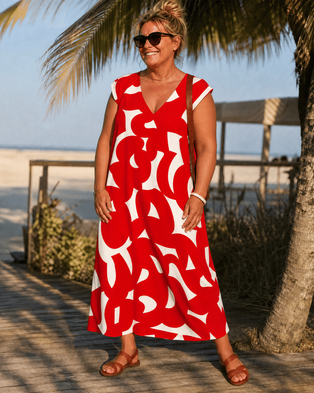 Verain | Abstracte Print V-Hals Vloeiende Midi Jurk