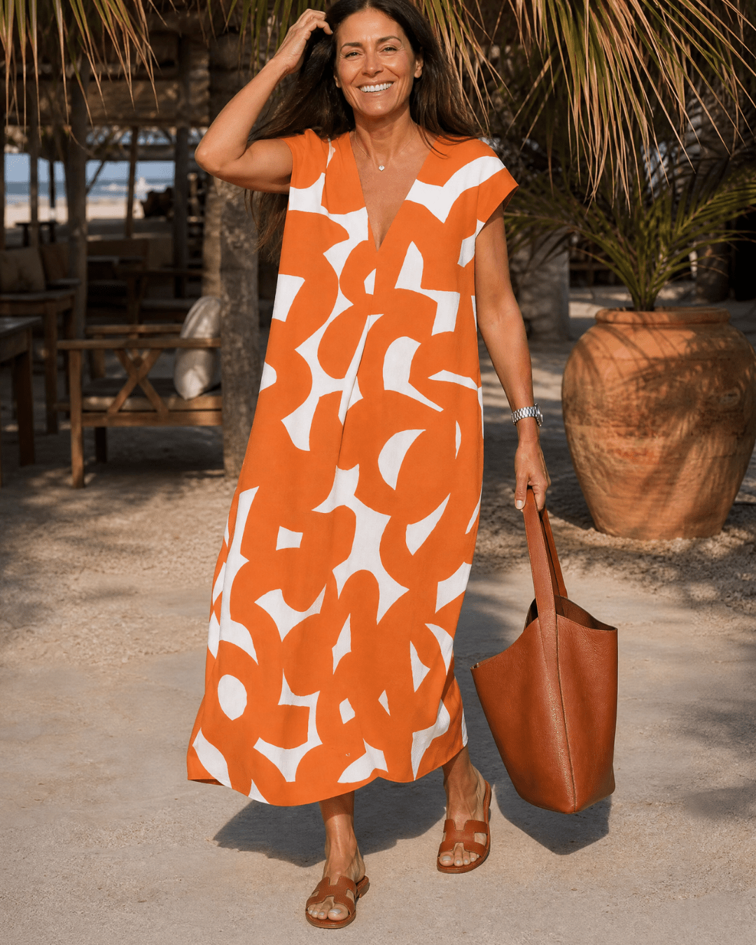 Verain | Abstracte Print V-Hals Vloeiende Midi Jurk