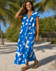 Verain | Abstracte Print V-Hals Vloeiende Midi Jurk
