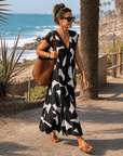 Verain | Abstracte Print V-Hals Vloeiende Midi Jurk